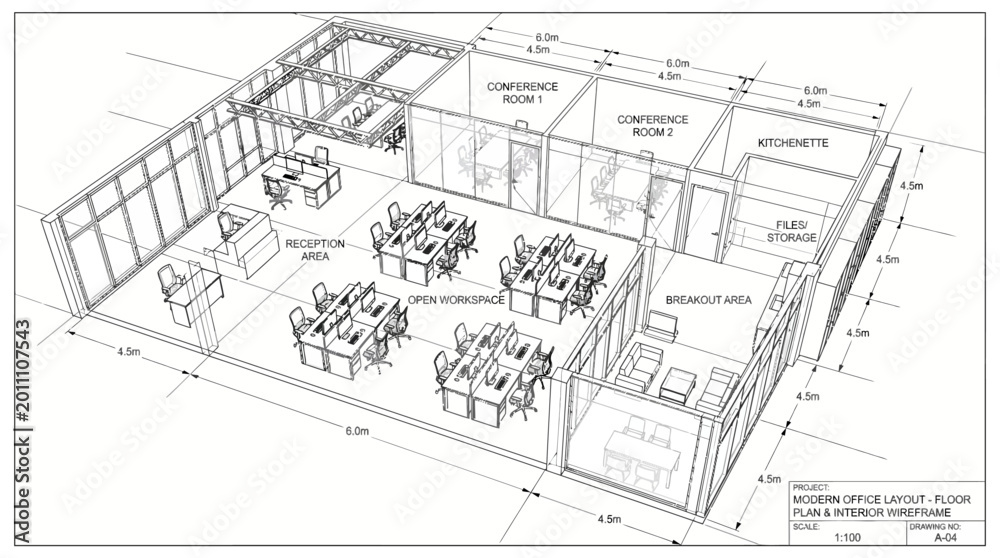 Fototapeta premium Isometric architectural drawing of a modern office floor plan, showcasing workstations, conference rooms, and breakout areas with detailed dimensions.