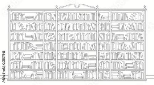 An intricately detailed line drawing of a large, ornate, multi-shelf bookshelf filled with numerous books.