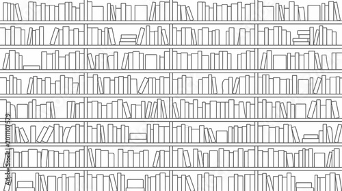 An extensive collection of books neatly arranged on multiple shelves, showcasing a vast library or bookstore.
