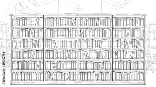 A detailed black and white line drawing of a large, multi-shelf bookcase filled with numerous books, set within a library or study environment.