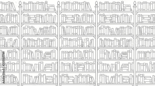An intricate line drawing showcases a vast library filled with countless books meticulously arranged on tall, multi-tiered shelves.