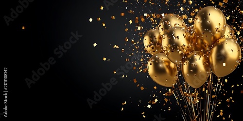 Shiny golden balloons floating with festive confetti on black background