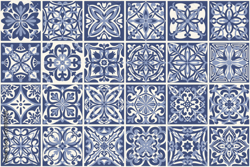 Mediterranean tile with blue pattern. Portuguese mosaic with floral ornament. Italian and oriental seamless background. Vintage geometric square elements. Vector illustration
