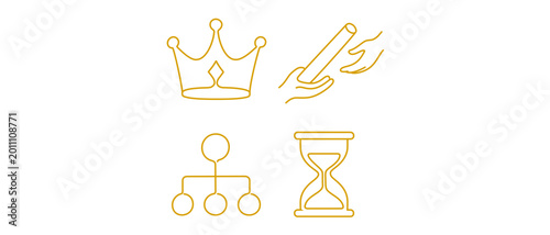 Fotografi Business leadership succession planning vector icon set with editable stroke, collection of 4 icons including a golden crown, relay baton, family tree chart, and an hourglass symbol for growth