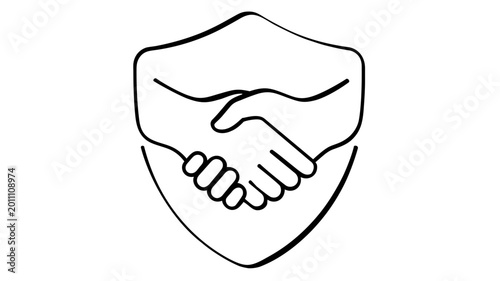 Fiduciary Duty Vector Icon Illustration featuring a handshake inside a protective shield, representing trust, legal agreement, business partnership, and security in a clean line art style.