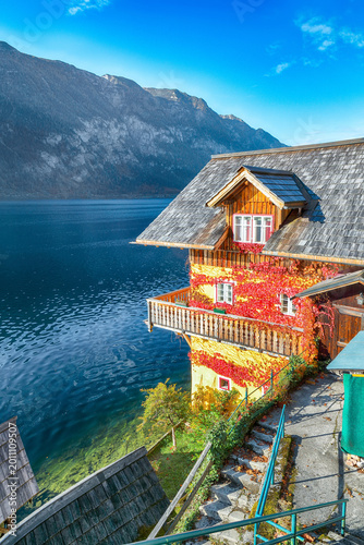 Amazing view of famous Hallstatt mountain village with Hallstatter lake.