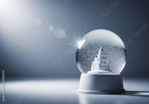 Snow globe with a christmas tree inside and sparkling snow