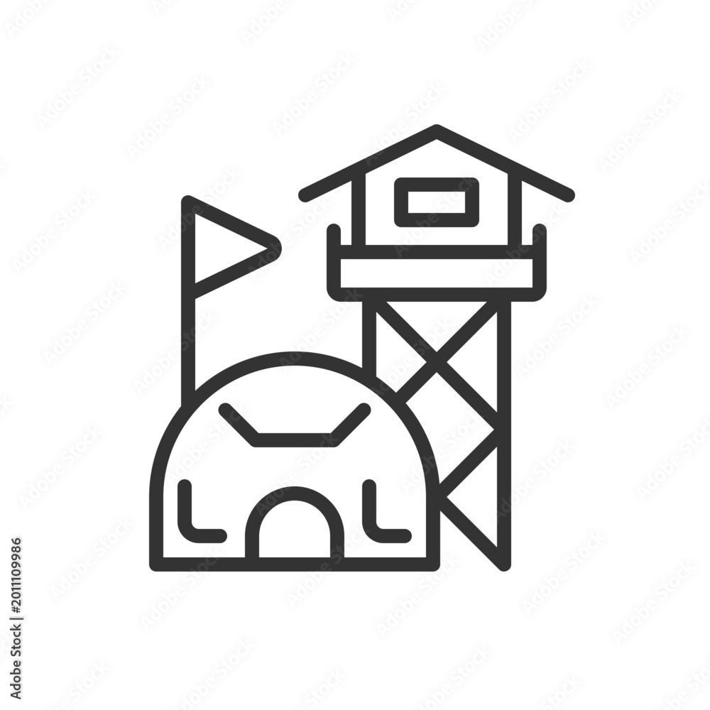 Naklejka premium 2D pixel perfect editable black military base icon, isolated simple vector, thin line illustration representing weapons.
