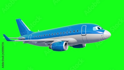A sleek blue and white passenger jet airliner flying mid-air with a powerful jet turbine engine visible, isolated against a solid green screen backdrop. Perfect keyable aviation footage for travel age
