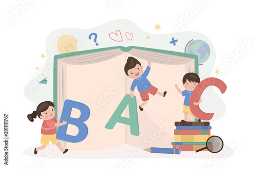 Bild auf Leinwand Multiethnic kids students and book with letters abc