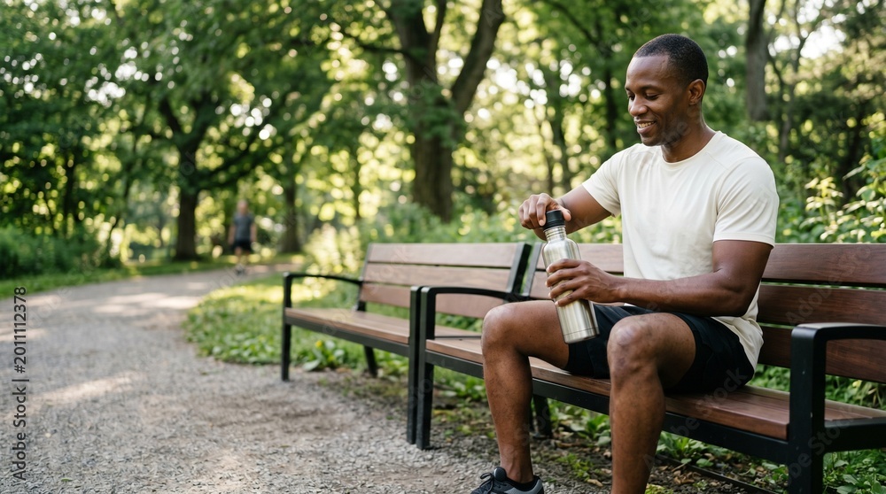 Fototapeta premium African American man resting on park bench and holding a reusable water bottle.