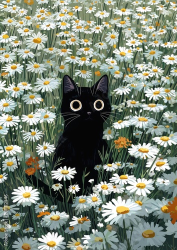a black cat in the middle of a field full of small white flowers