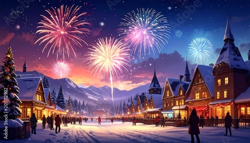Fireworks display over snowy village at night festive celebration concept