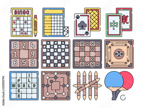 Table Games Flat design style, collection of classic board and tabletop games including cards, chess, sudoku, and puzzles, ideal for entertainment, leisure, and educational designs.