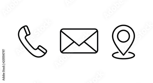 Contact icons set phone email and location pin black line art