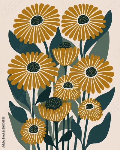 flat graphic print style floral art print blooms in bright warm golden yellow