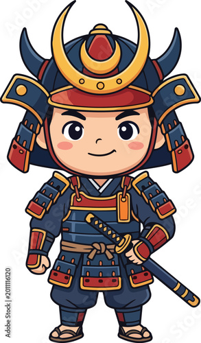 A cute cartoon samurai wearing traditional armor stands heroically indoors