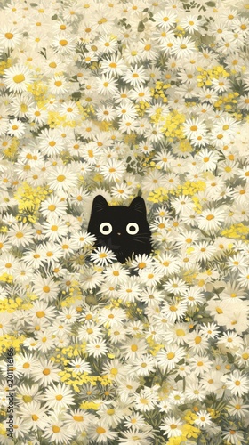 a black cat with round eyes peeking out from behind the daisies in an endless field of white and yellow flowers