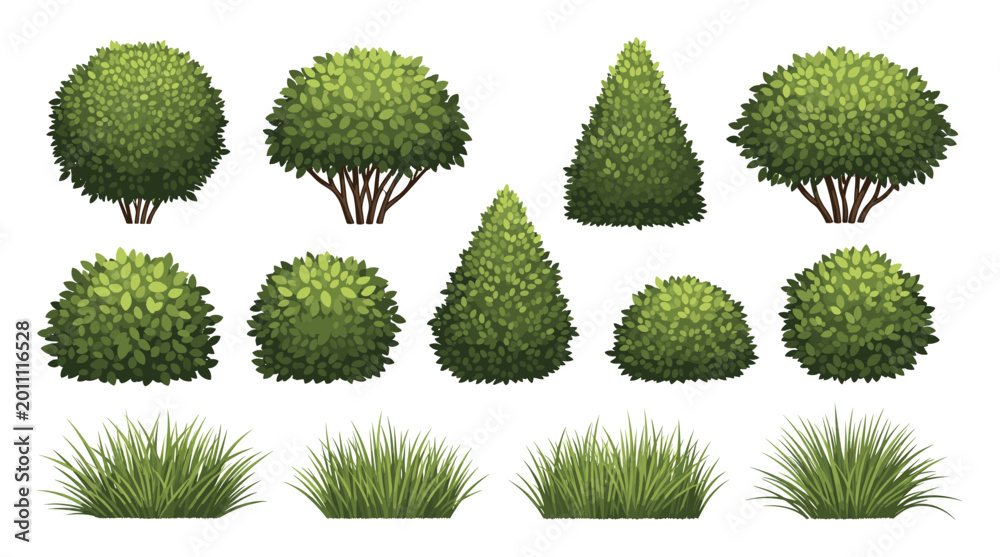 Naklejka premium Set of lush green garden shrubs and fresh grass clumps ideal for outdoor scene creation