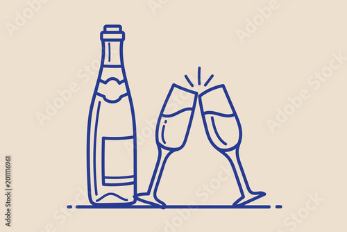 Wine bottle and two empty wine glasses illustration