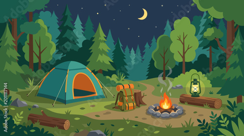 Camping Tent and Fire at Night.