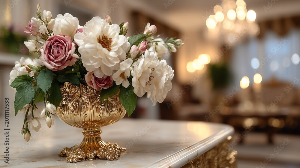 Fototapeta premium Exquisite bouquet of pastel flowers in ornate golden vase on marble countertop