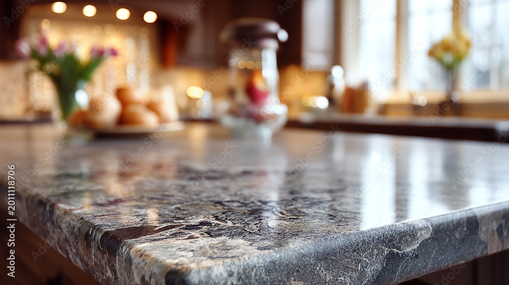 Obraz premium Polished granite kitchen countertop surface close up with countertop interior material