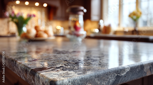 Polished granite kitchen countertop surface close up with countertop interior material