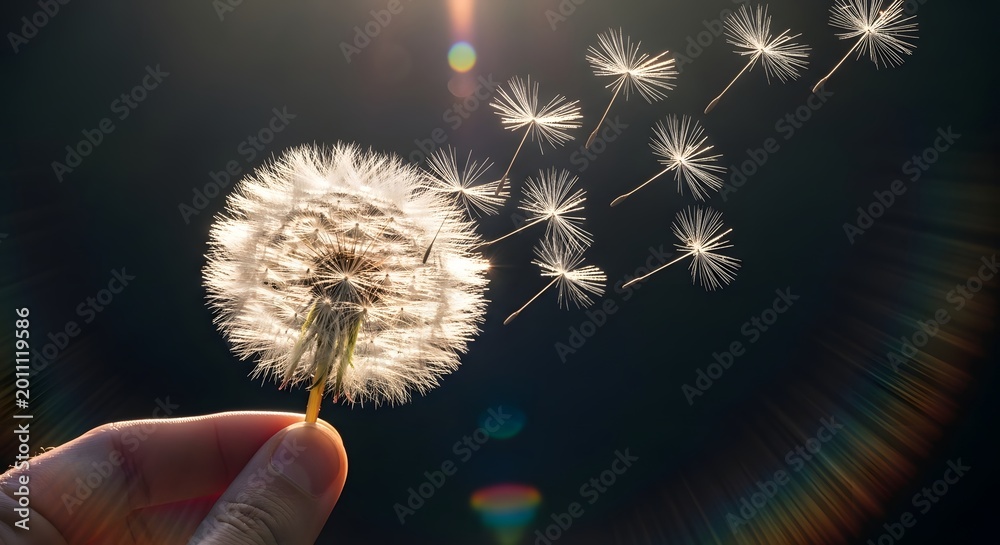 Naklejka premium Hand holding a dandelion seed head in the breeze. Wishing and the passage of time. Person releasing fluffy seeds into the air against a dark sunny background.
