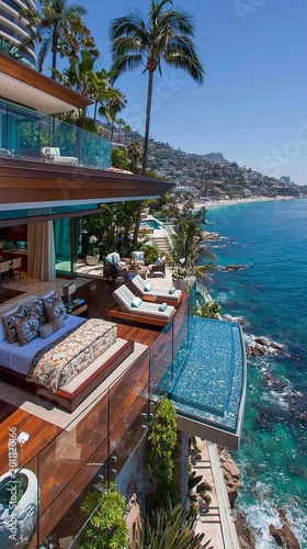 Villa terrace features a luxurious infinity pool overlooking the deep blue ocean with palm trees and a clear sky, offering a serene environment for high-end coastal vacation living experiences.