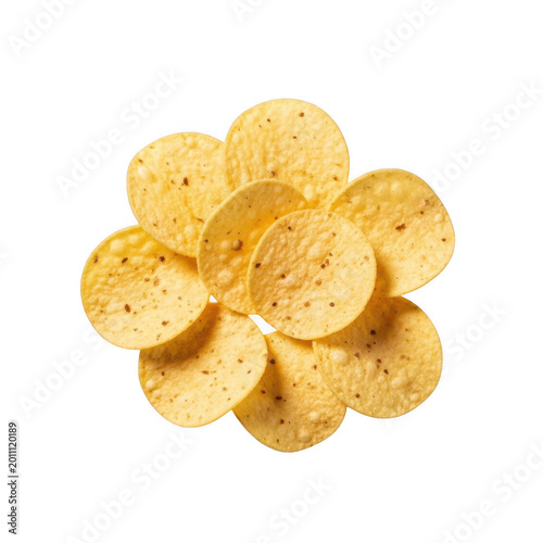 A cluster of round corn tortilla chips isolated on transparent background