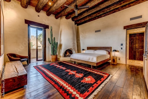 Bedroom showcases authentic southwestern style with a traditional kiva fireplace, a vibrant woven rug, wooden ceiling vigas, and a large potted cactus creating a serene desert inspired atmosphere.
