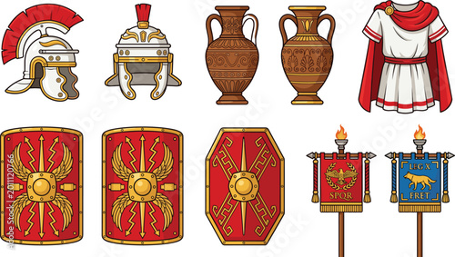 Tableau sur toile Illustration of Roman Armor, Shields, Helmets, and Artifacts for Historical and