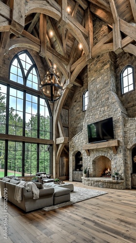 Living room boasts a soaring cathedral ceiling with exposed timber beams and a massive stone fireplace that anchors the rustic yet sophisticated architectural design of this luxury mountain lodge.