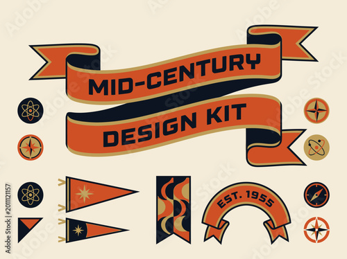 Bilde på lerret Mid-Century Modern Design Kit with Retro Banners, Pennants, and Atomic Age Icons