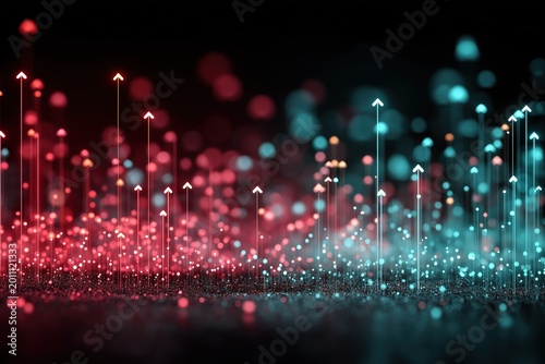 A digital abstract image showing glowing red and blue fiber optic lines with upward arrows, symbolizing data flow or technological progress.