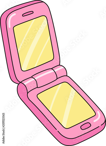 Cute Pink Flip Phone Illustration, Retro Mobile Cellphone Cartoon Design, Y2K Aesthetic Technology Icon Isolated