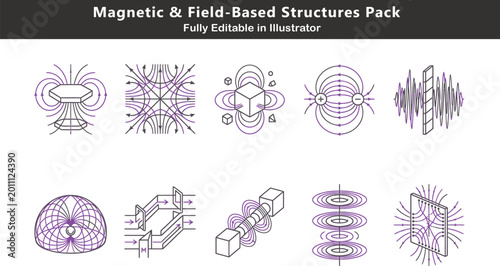 Canvas-taulu Magnetic field architecture vector icons set, levitation structures, energy fiel