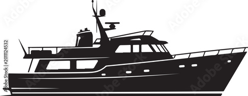 Luxury yacht, boat silhouette, vector illustration, nautical icon, black and white design