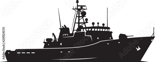 Black silhouette fishing boat, naval vessel, ship icon, vector illustration