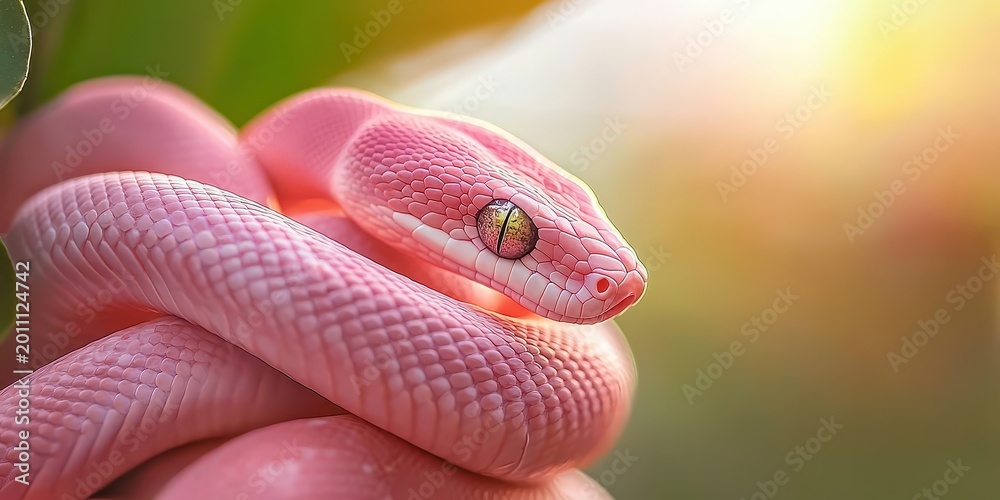 Fototapeta premium Bright pink snake coiled with delicate scales, its head turned, showing striking yellow eyes, bathed in warm sunlight against a soft blurred green background.