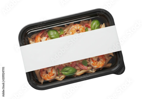 Sealed Takeaway Container of Penne Pasta with Shrimp and Basil, Ready Meal, Transparent Background