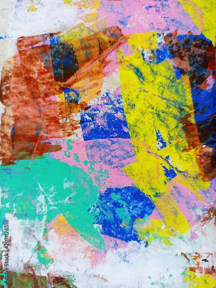 Naklejka premium Colorful abstract painting features a dynamic explosion of layered acrylics, showcasing bold, textured brushstrokes and energetic movements
