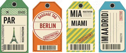International baggage tags, Paris Berlin Miami Madrid, travel ticket labels, colorful luggage designs, tourism branding artwork, flat vector illustration