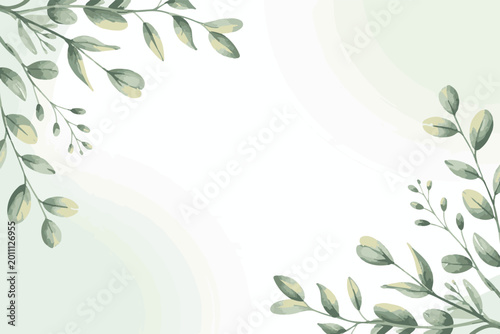 Tableau sur toile Elegant botanical frame background with hand painted watercolor leaves branches and green textures on white space for greeting card