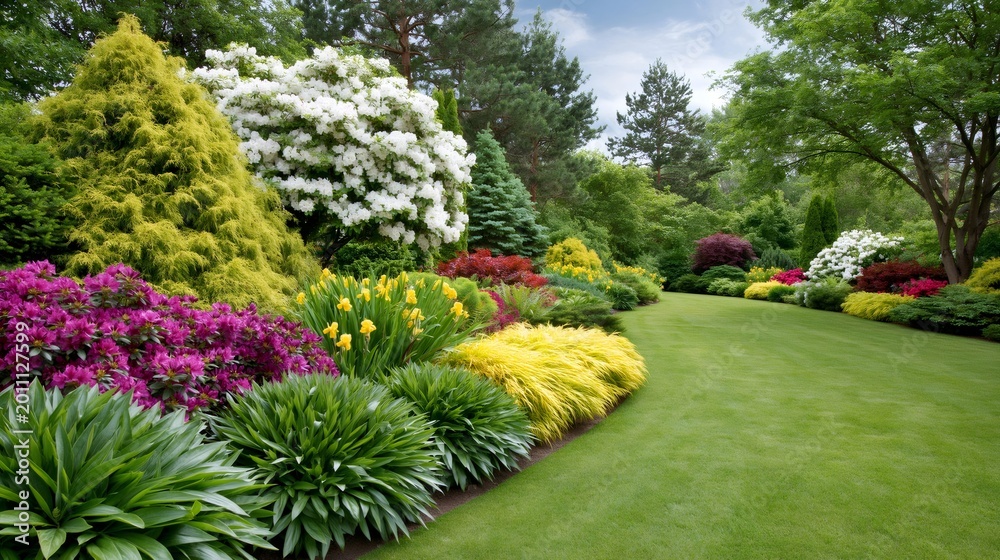 Fototapeta premium Lush spring garden landscaping with vibrant flowers and green lawn