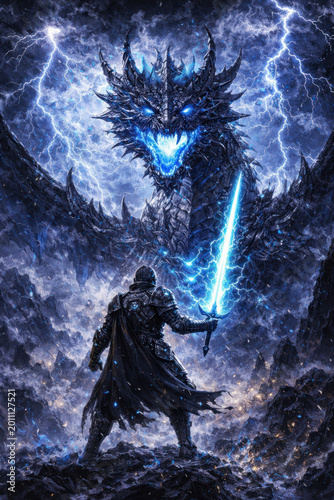 Knight Facing Giant Blue Lightning Dragon In Epic Fantasy Cinematic Battle, Hero With Glowing Magic Sword, Mythical Creature Combat
