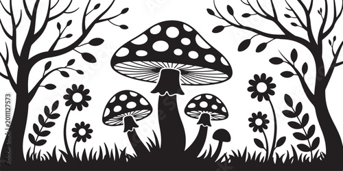 Canvastavla Forest scene silhouette with giant fly agaric mushrooms and flowers under bare trees on transparent background for stencil crafts