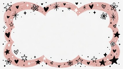 Hand drawn torn notebook paper border with colorful doodles and tape corners, playful scrapbook style frame isolated on white background.