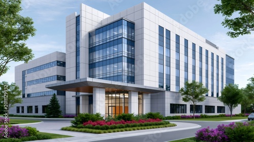 Modern hospital building exterior with lush landscaping